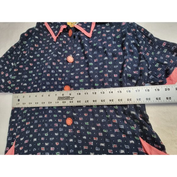 Vintage Martha Egan Button-Front Shirt Dress Medium Navy Printed Short Sleeve - Picture 6 of 8